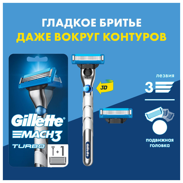 ���� ������ ��� ������ GILLETTE Mach3 Turbo 3D + 1 ������� 3 ������   ������ ������